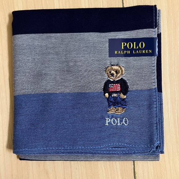 New Polo Ralph Lauren Bear Handkerchief Scarf Pocket Square Blue Grey Stripes - Picture 1 of 2